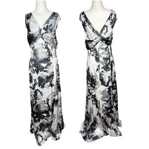 Tahari Womens Dress Size 10 Black White Floral Maxi VNeck Cross Back Formal Gown